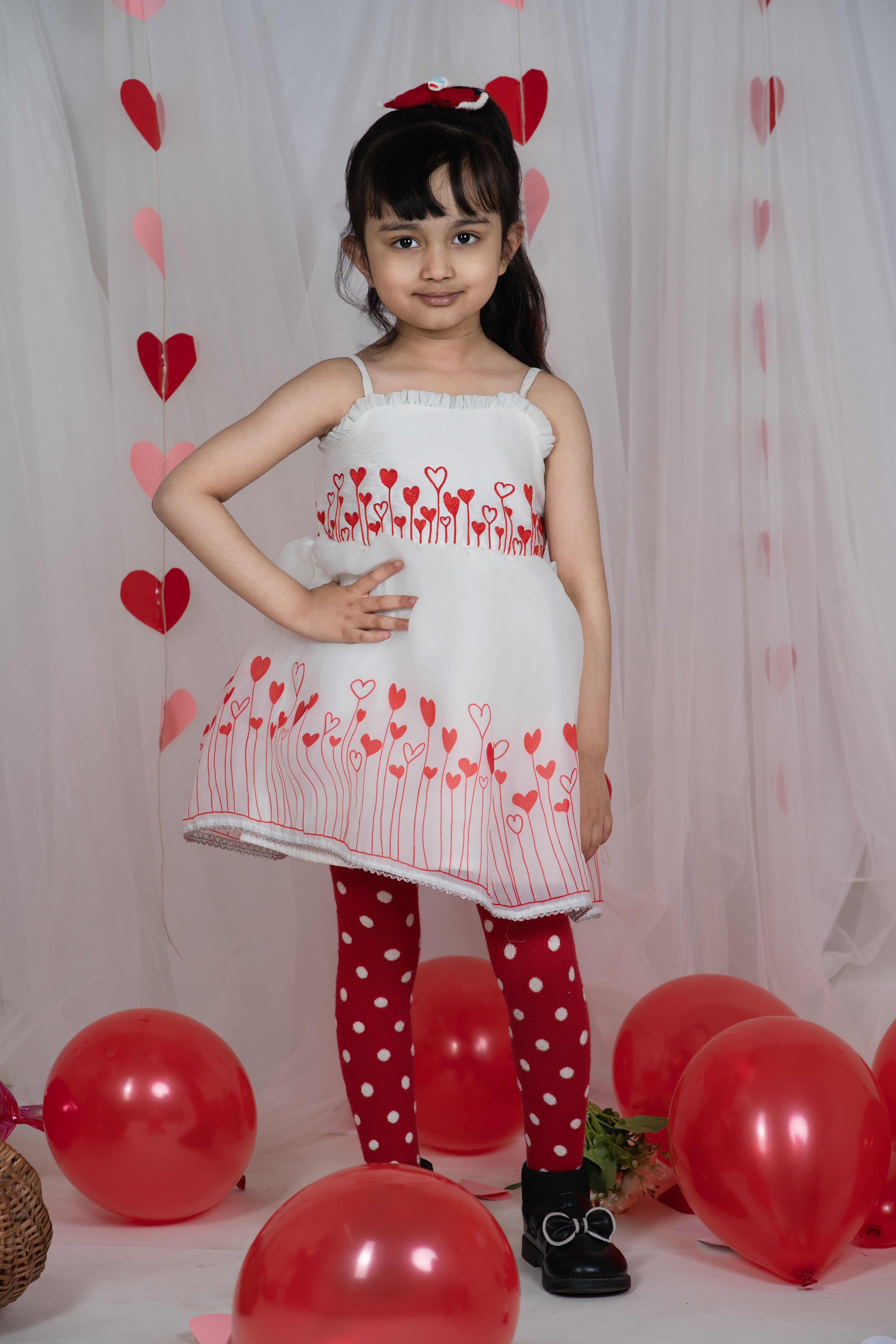 Little Red Printed Heart Embroidery Organza Sleevless Dress