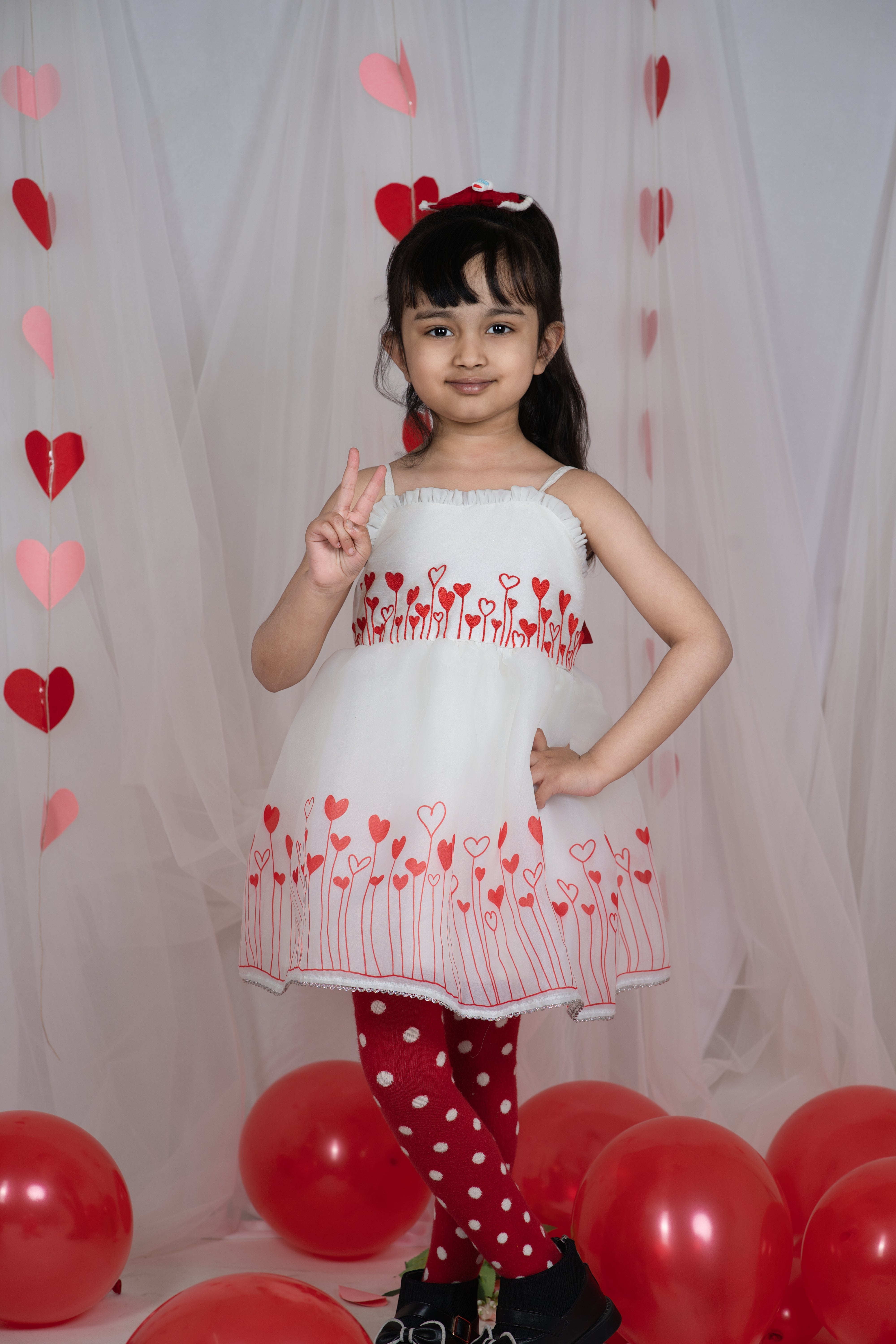 Little Red Printed Heart Embroidery Organza Sleevless Dress