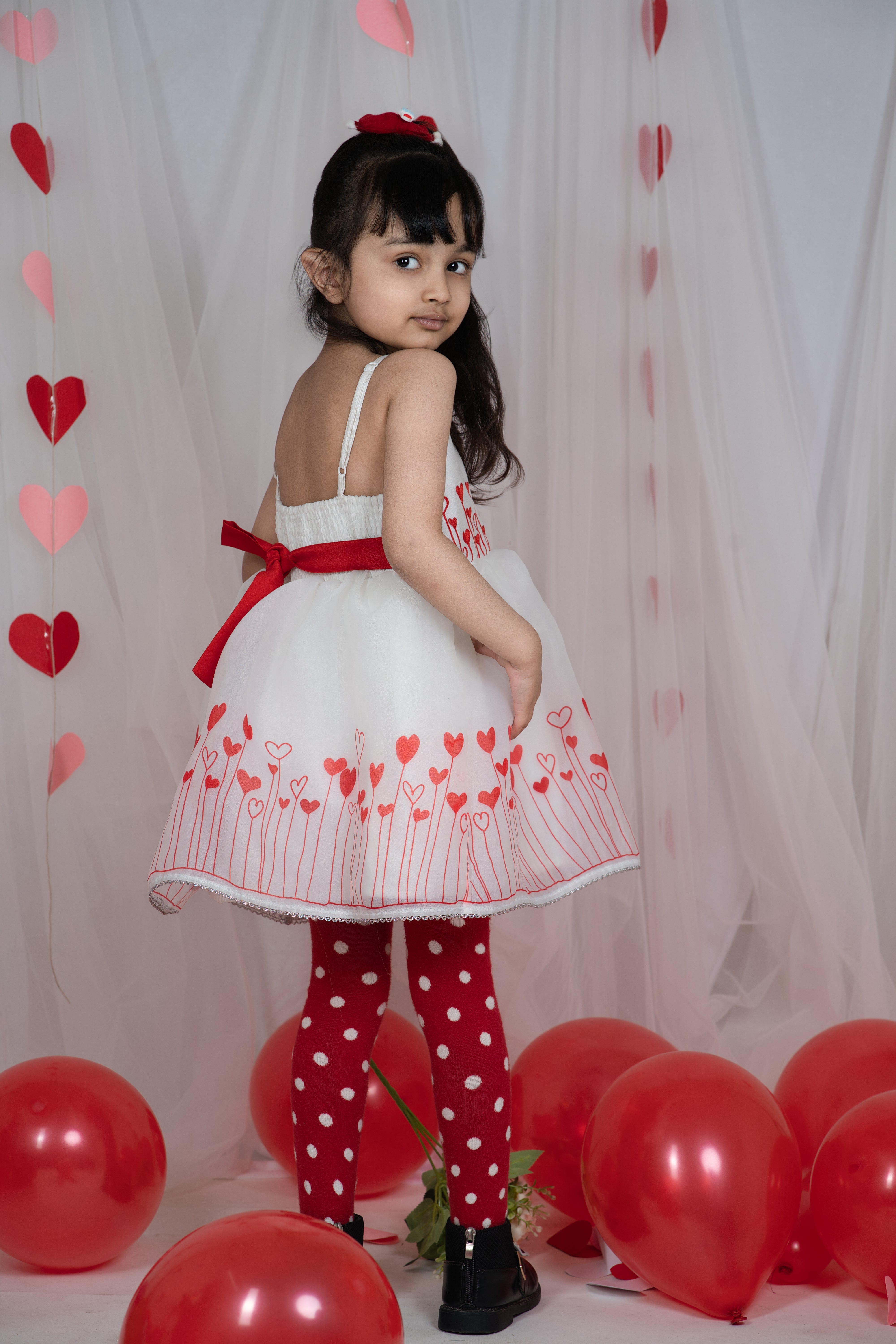 Little Red Printed Heart Embroidery Organza Sleevless Dress