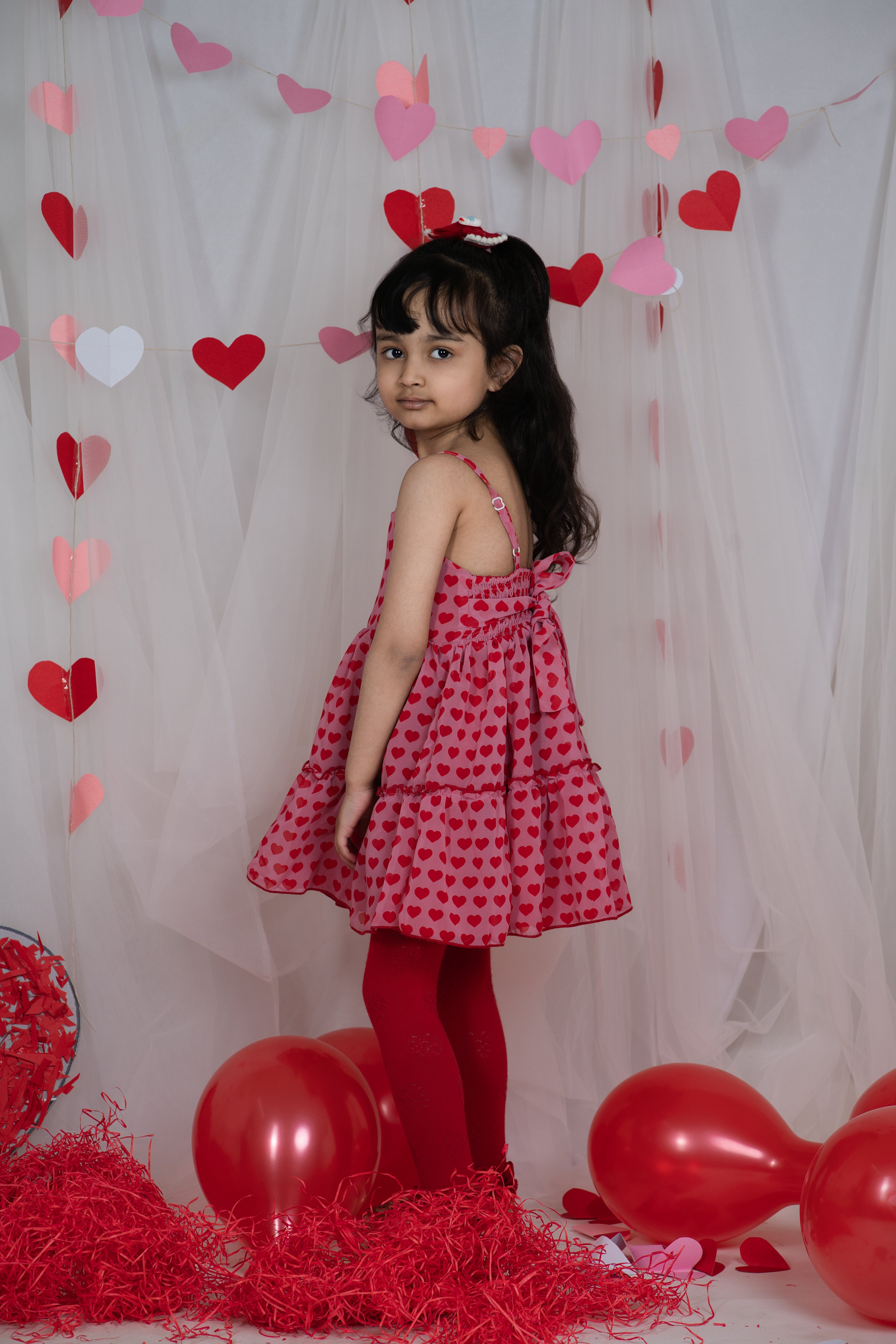 Sleeveless Heart Print Red & Pink Frock