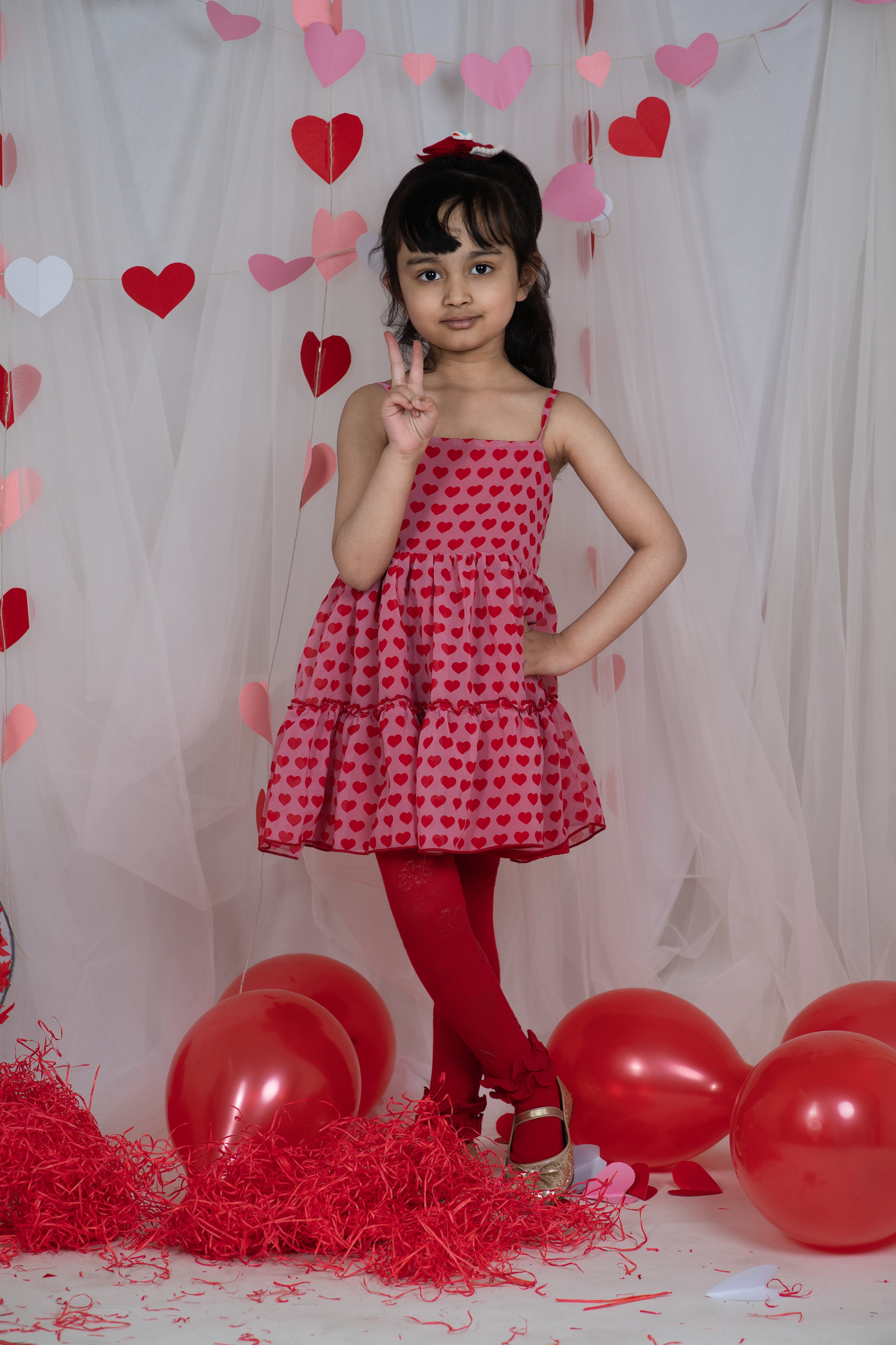 Sleeveless Heart Print Red & Pink Frock