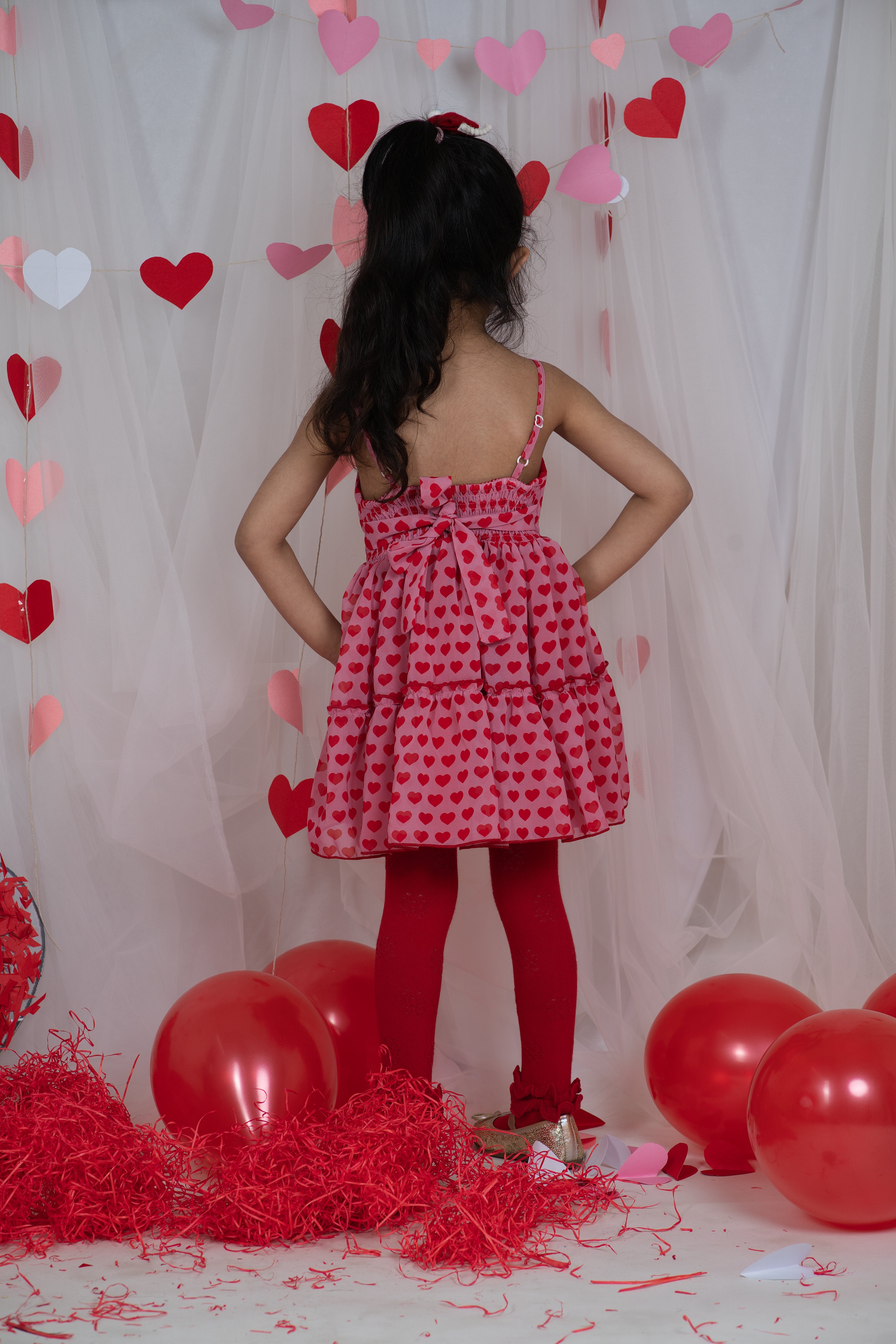 Sleeveless Heart Print Red & Pink Frock