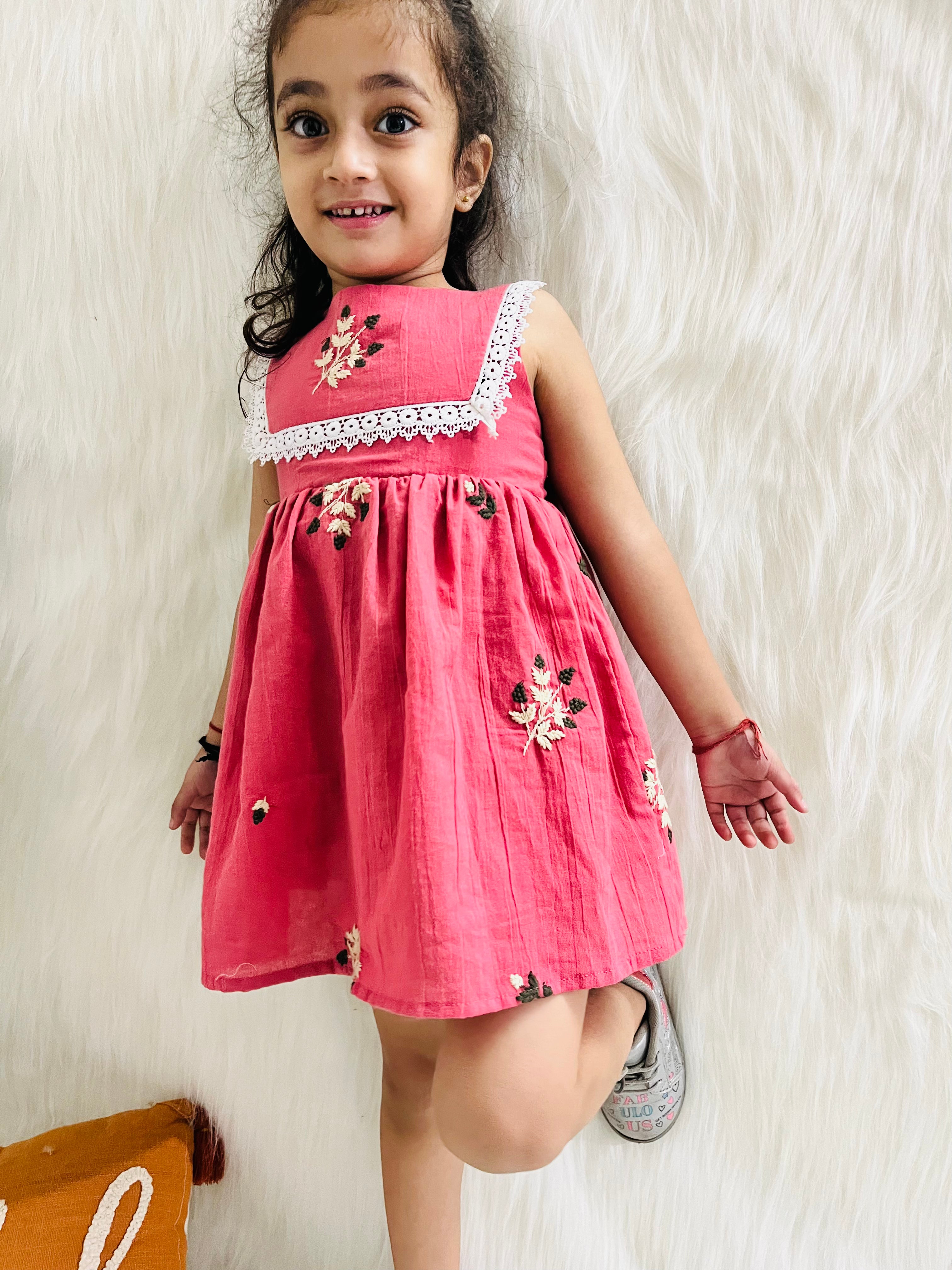 Cotton Sleeveless Frock Floral Embroidery- Pink