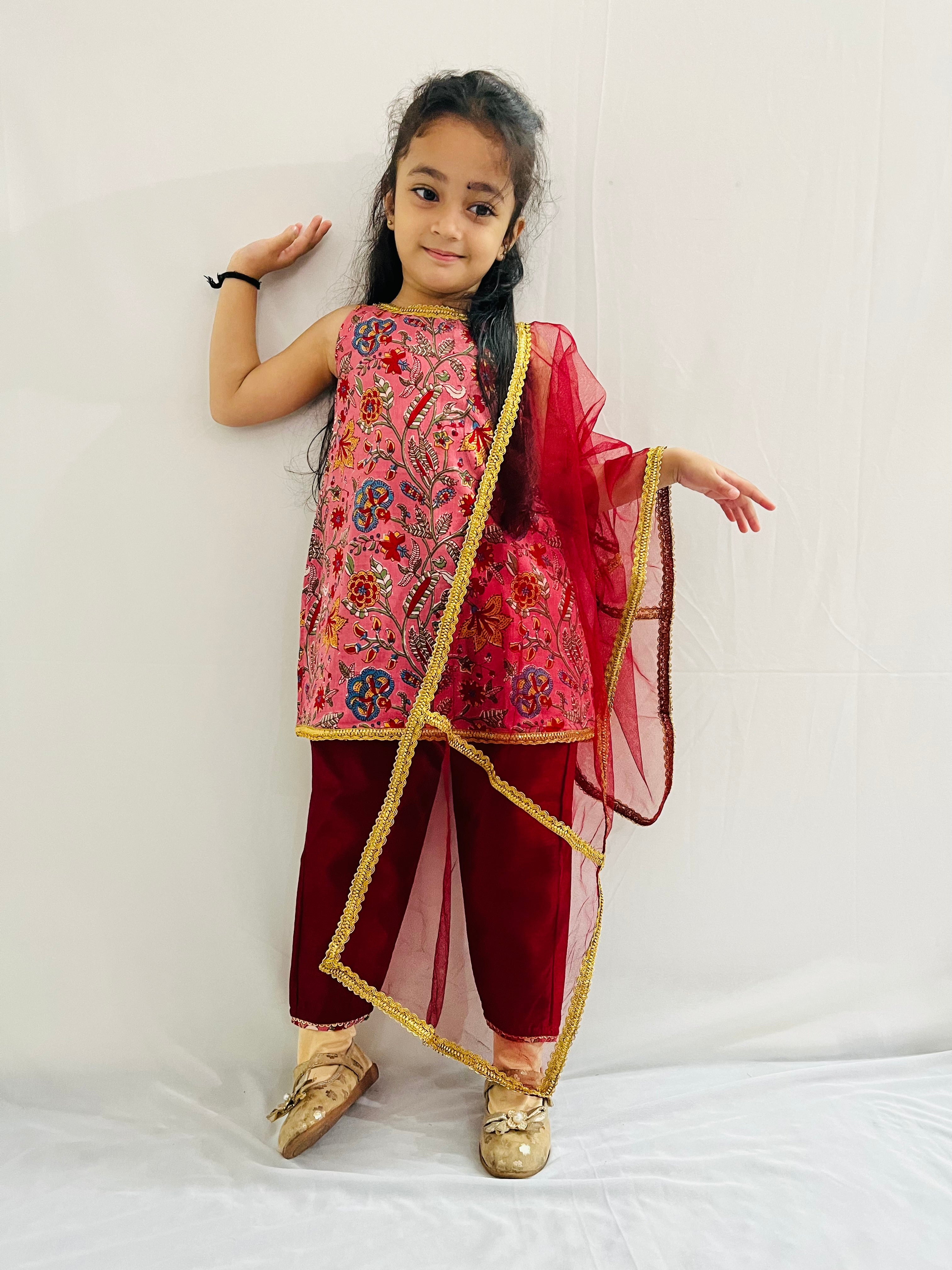 Girls Sleeveless A line  Ethnic Floral Motif Printed With  Gota Lace Embellished A Line Kurta & Pants Set - Maroon