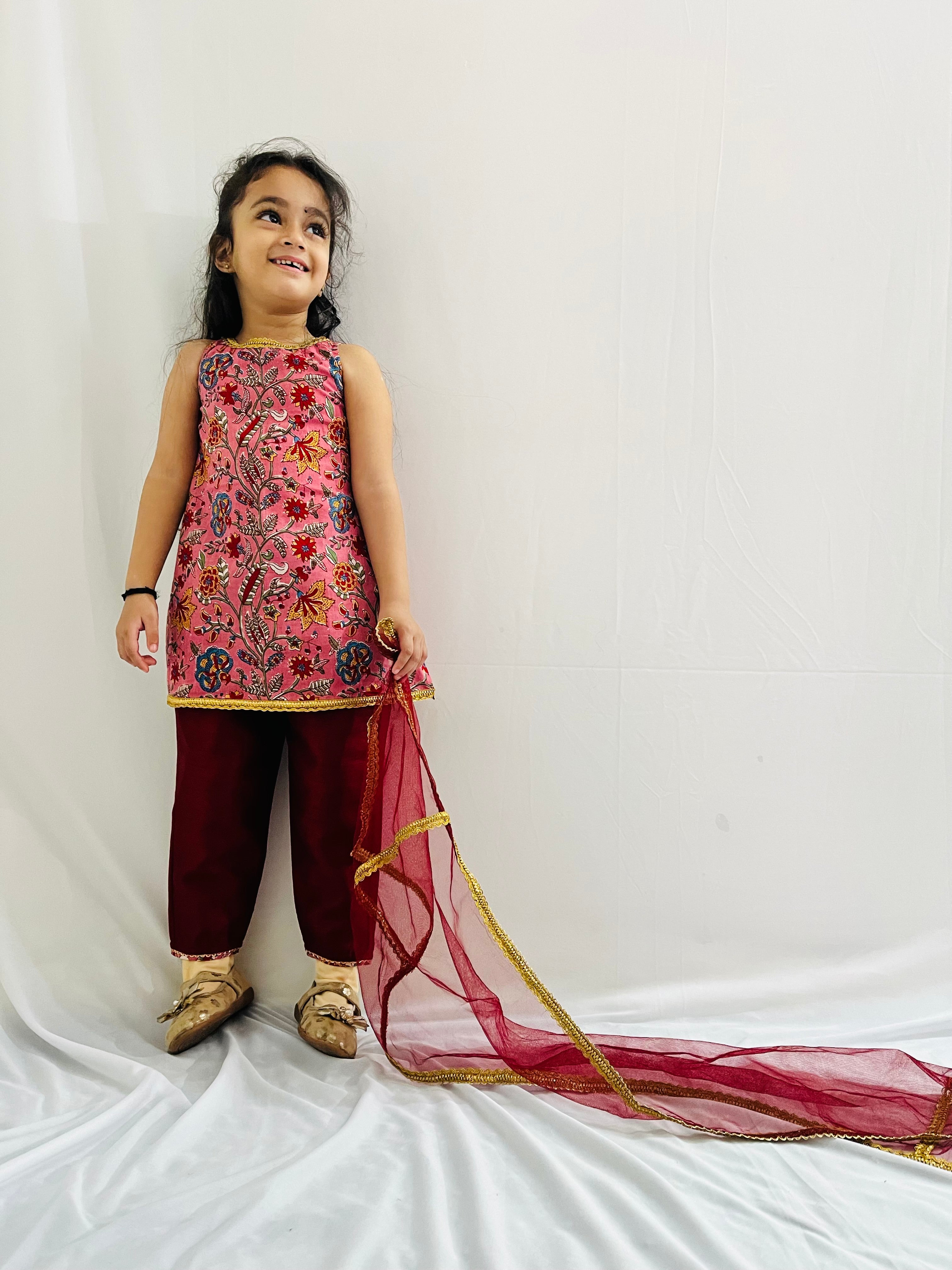 Girls Sleeveless A line  Ethnic Floral Motif Printed With  Gota Lace Embellished A Line Kurta & Pants Set - Maroon