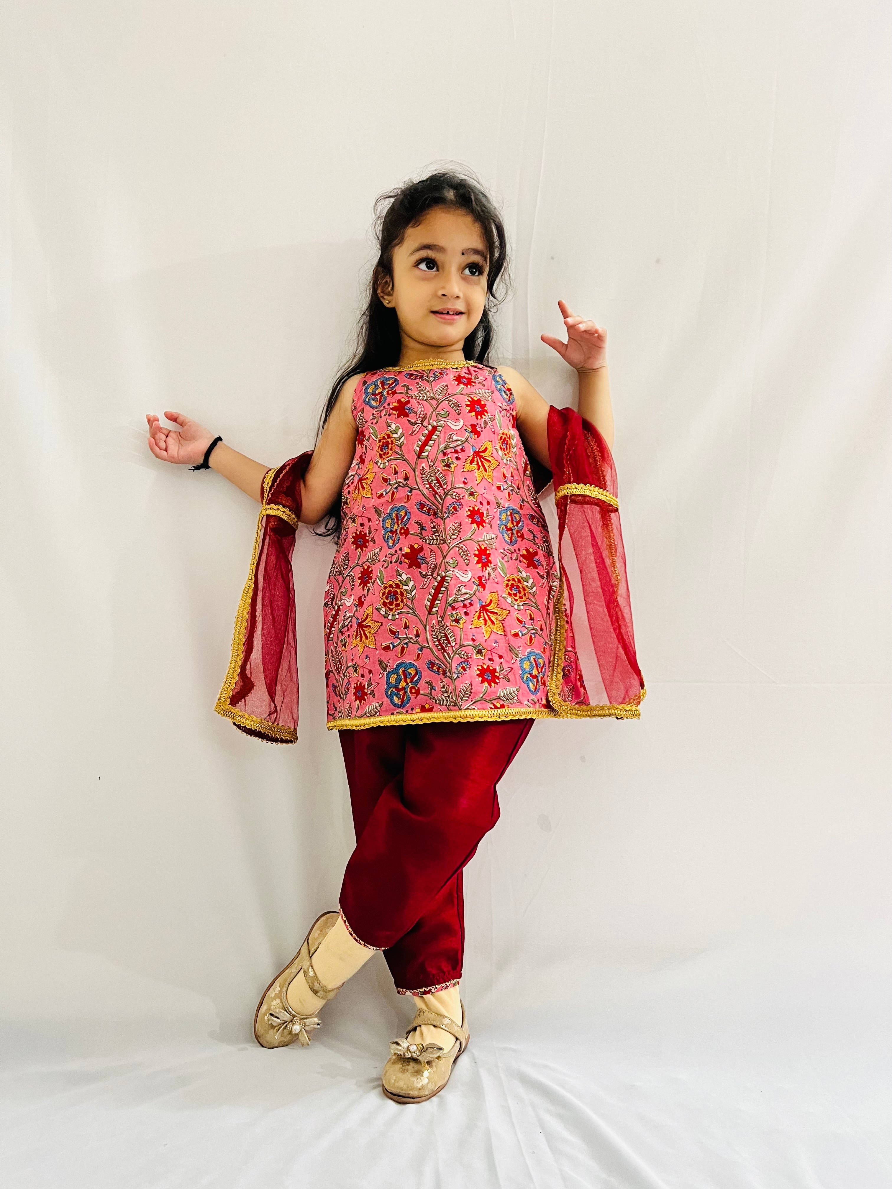 Girls Sleeveless A line  Ethnic Floral Motif Printed With  Gota Lace Embellished A Line Kurta & Pants Set - Maroon