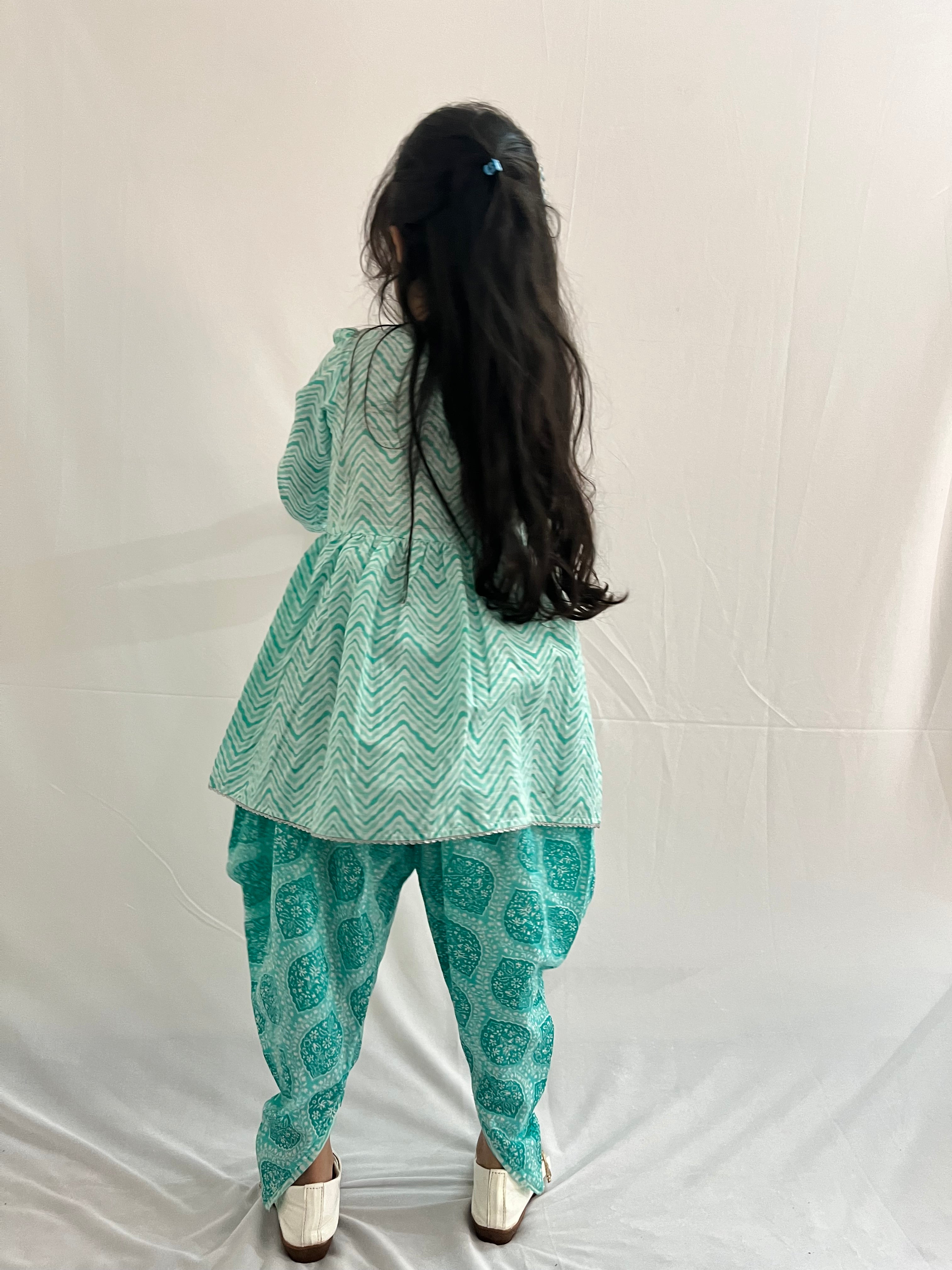 Kids Floral Printed Angrakha Style Kurti Paired With Dhoti- Mint Green