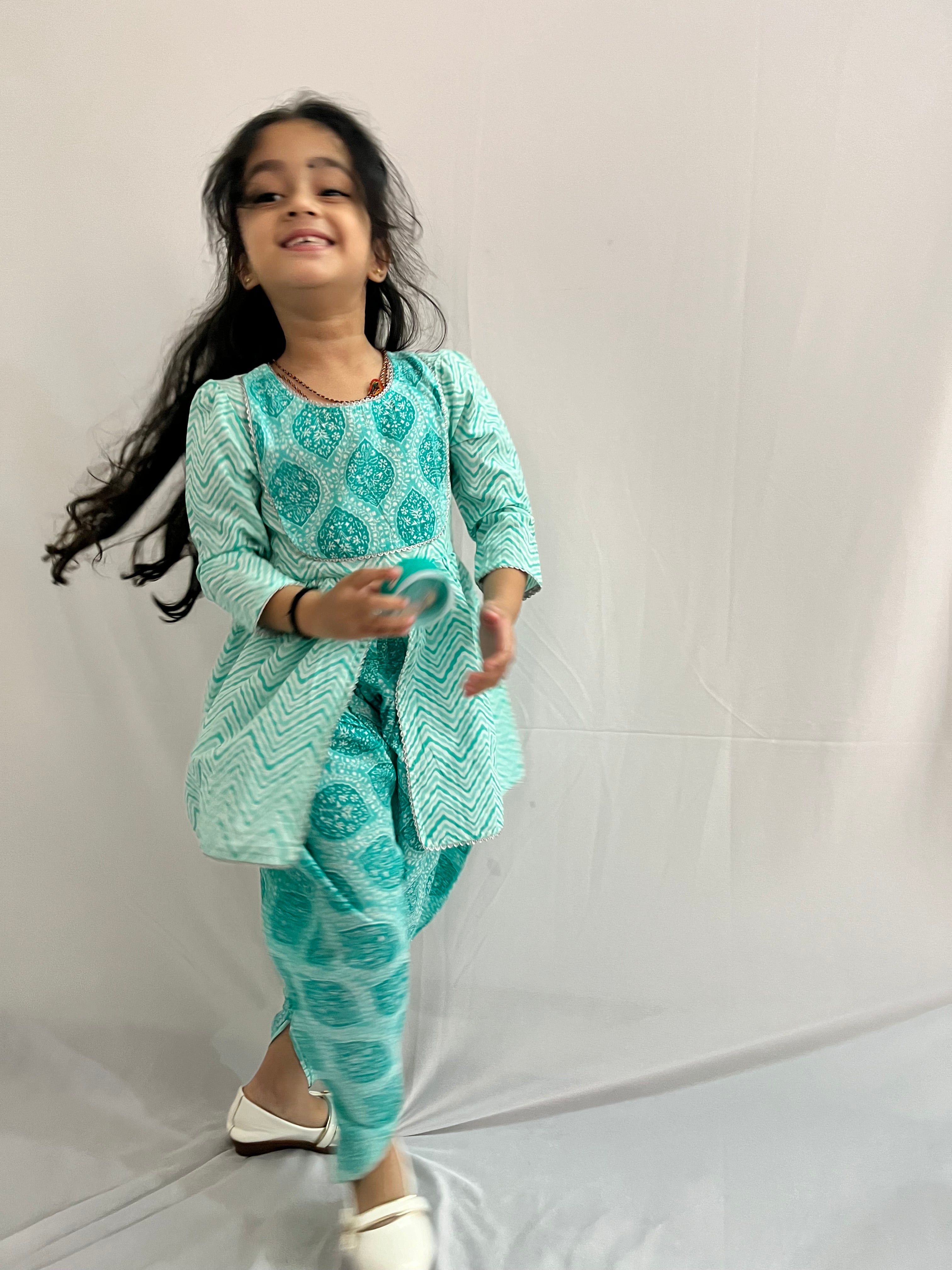 Kids Floral Printed Angrakha Style Kurti Paired With Dhoti- Mint Green