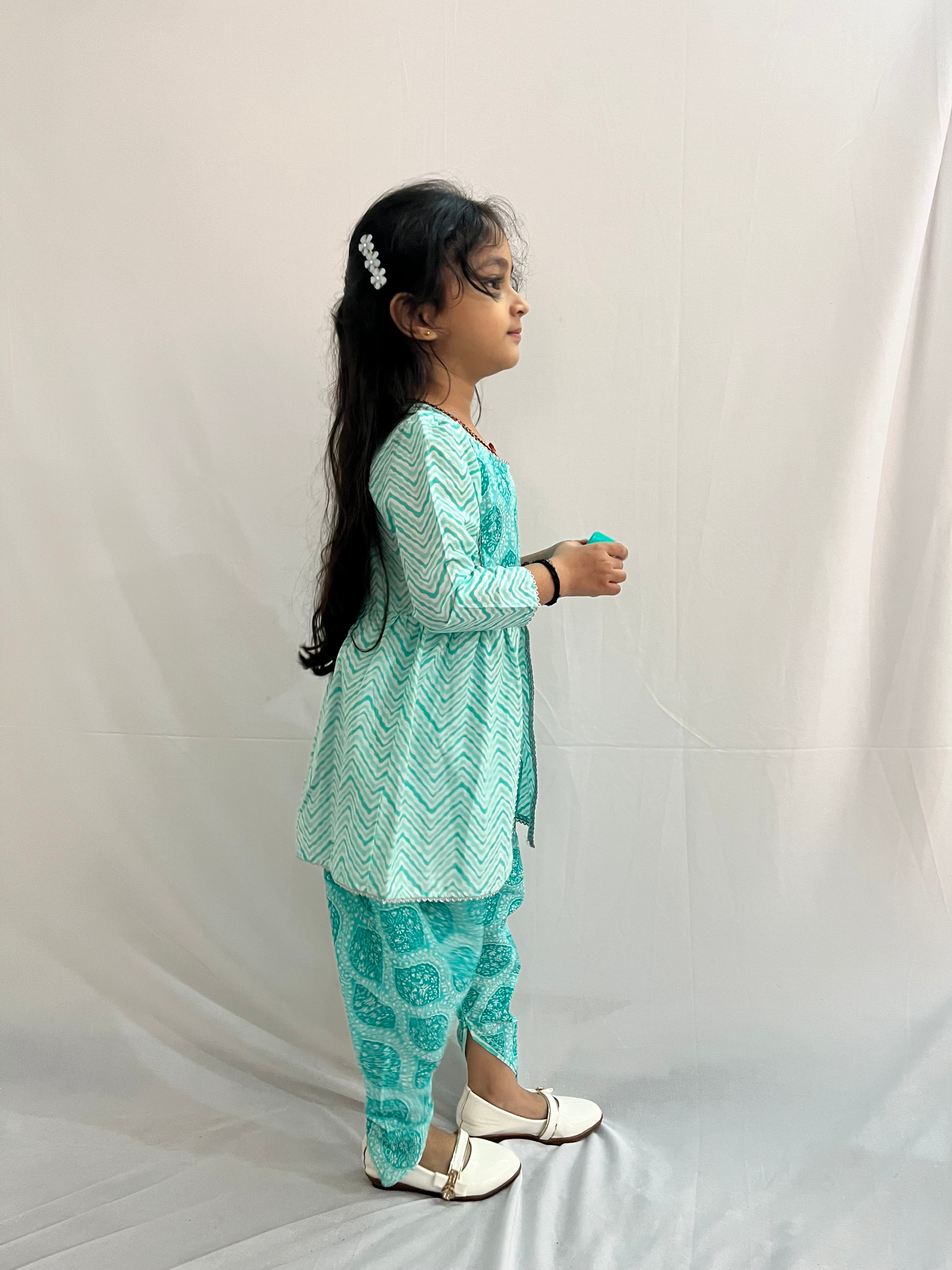 Kids Floral Printed Angrakha Style Kurti Paired With Dhoti- Mint Green