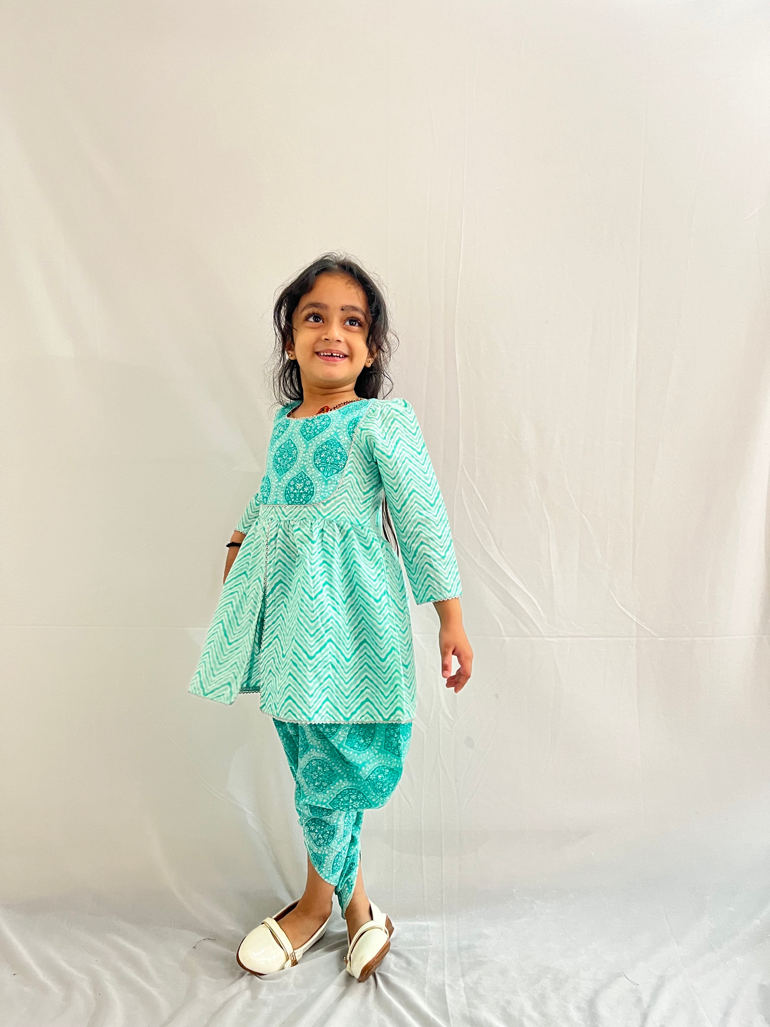 Kids Floral Printed Angrakha Style Kurti Paired With Dhoti- Mint Green