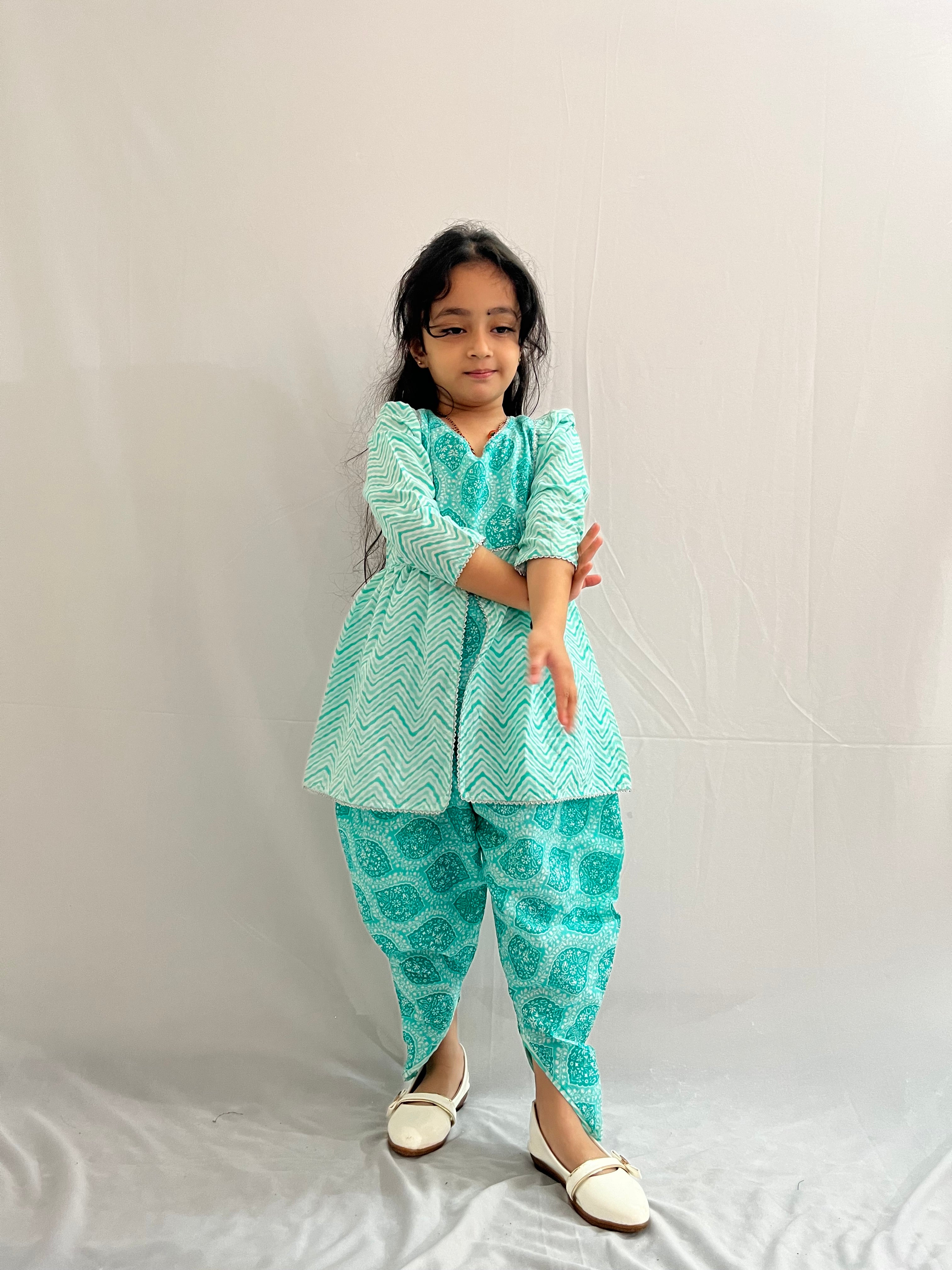 Kids Floral Printed Angrakha Style Kurti Paired With Dhoti- Mint Green