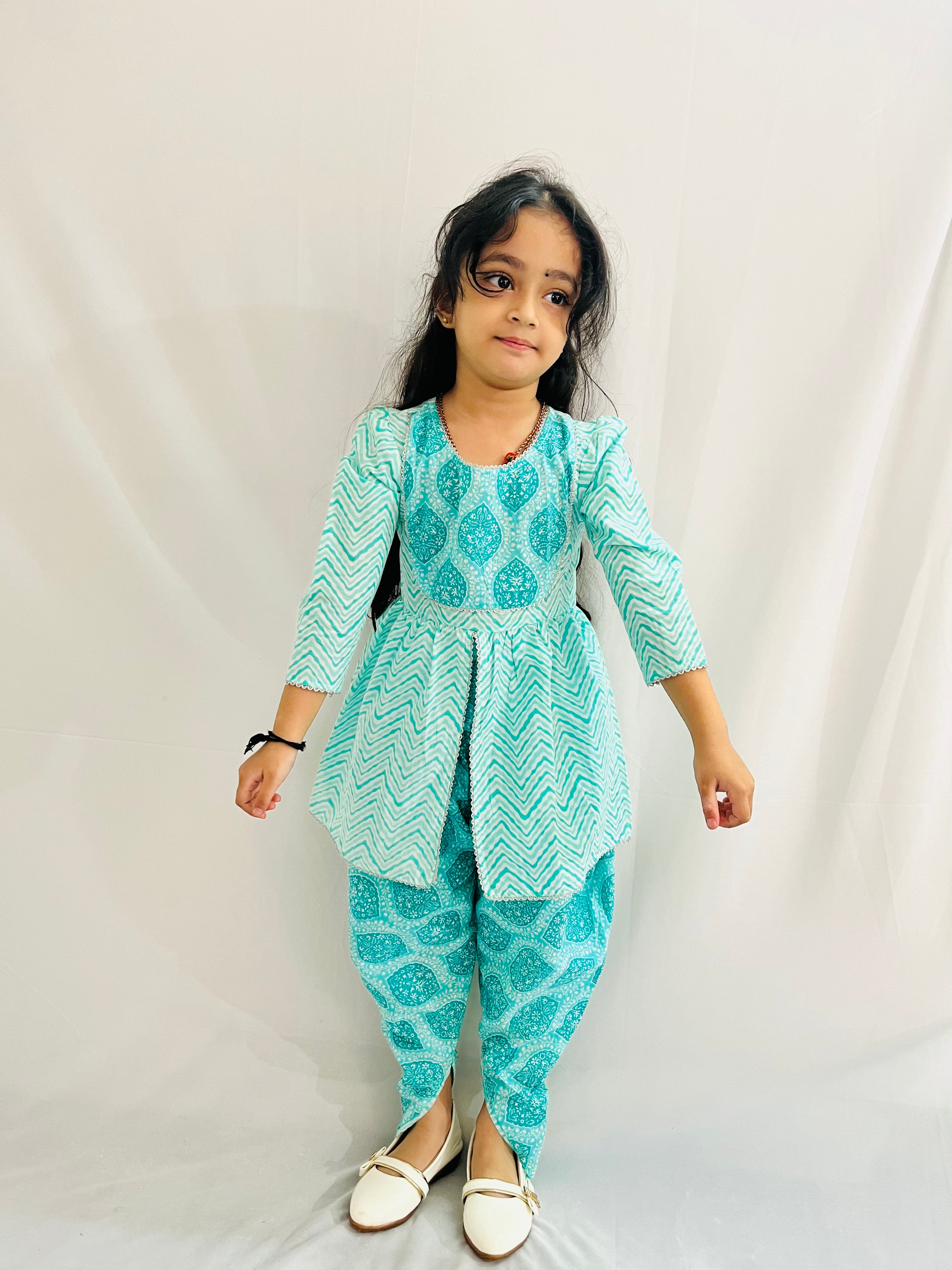 Kids Floral Printed Angrakha Style Kurti Paired With Dhoti- Mint Green