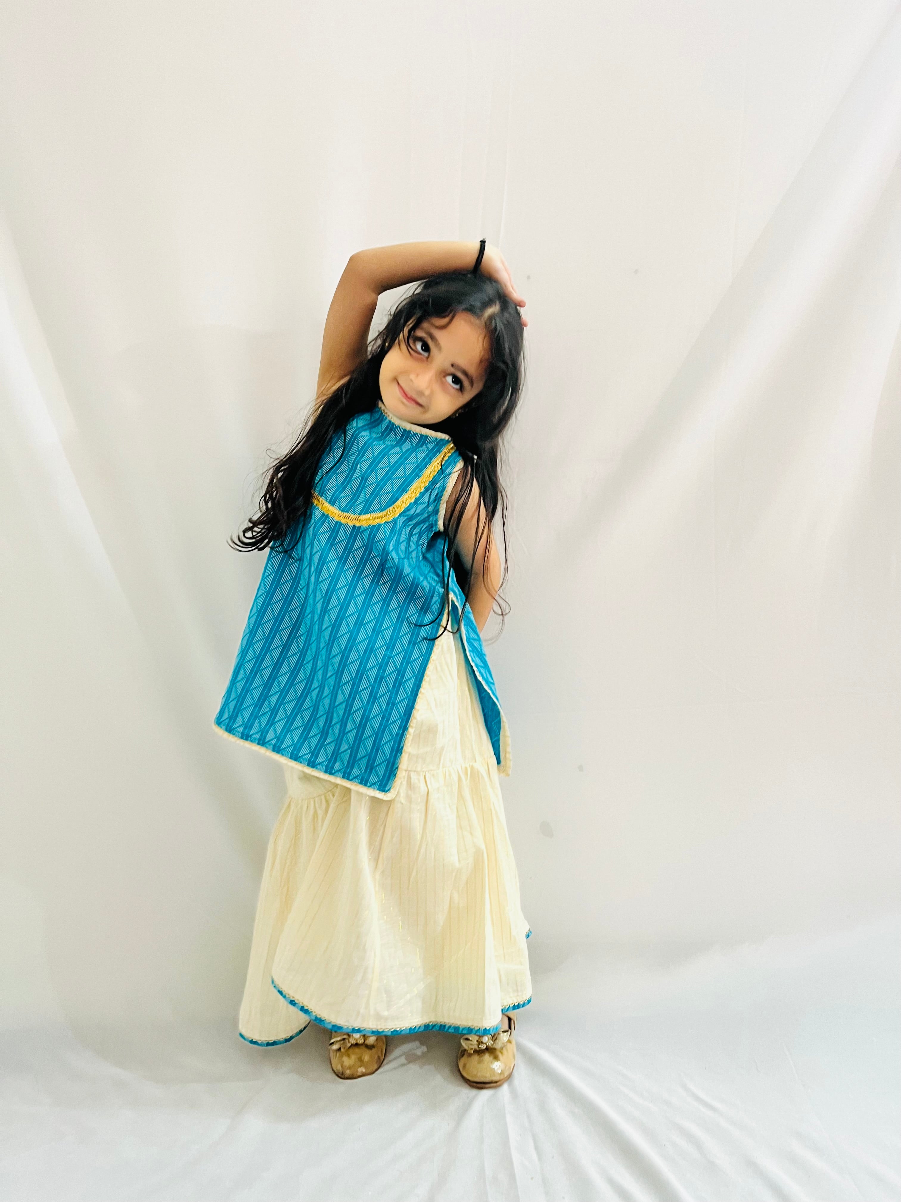 Kids Girls Sky Blue Handloom straight  kurta  N Sharara Set Festive Wear