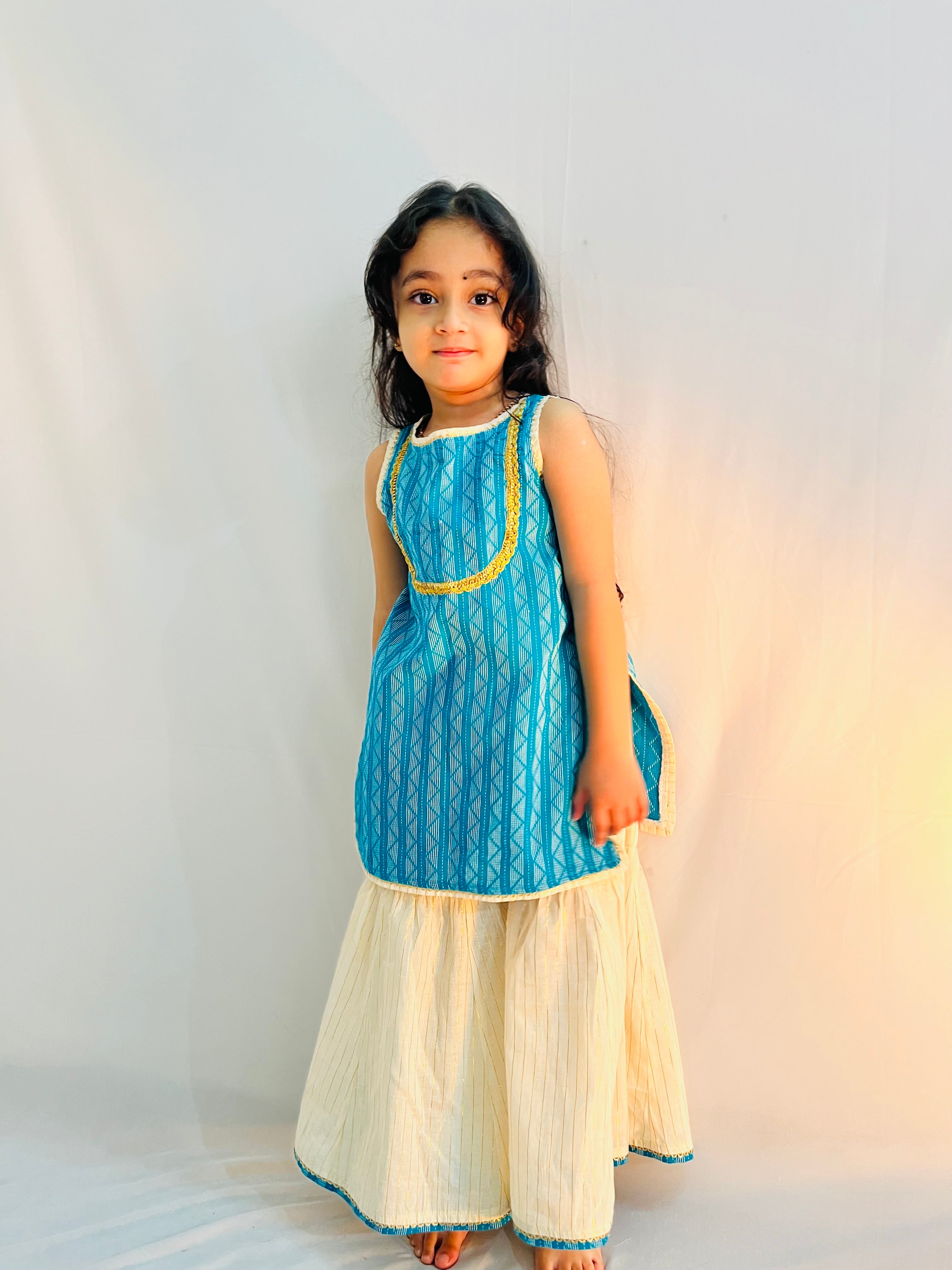 Kids Girls Sky Blue Handloom straight  kurta  N Sharara Set Festive Wear