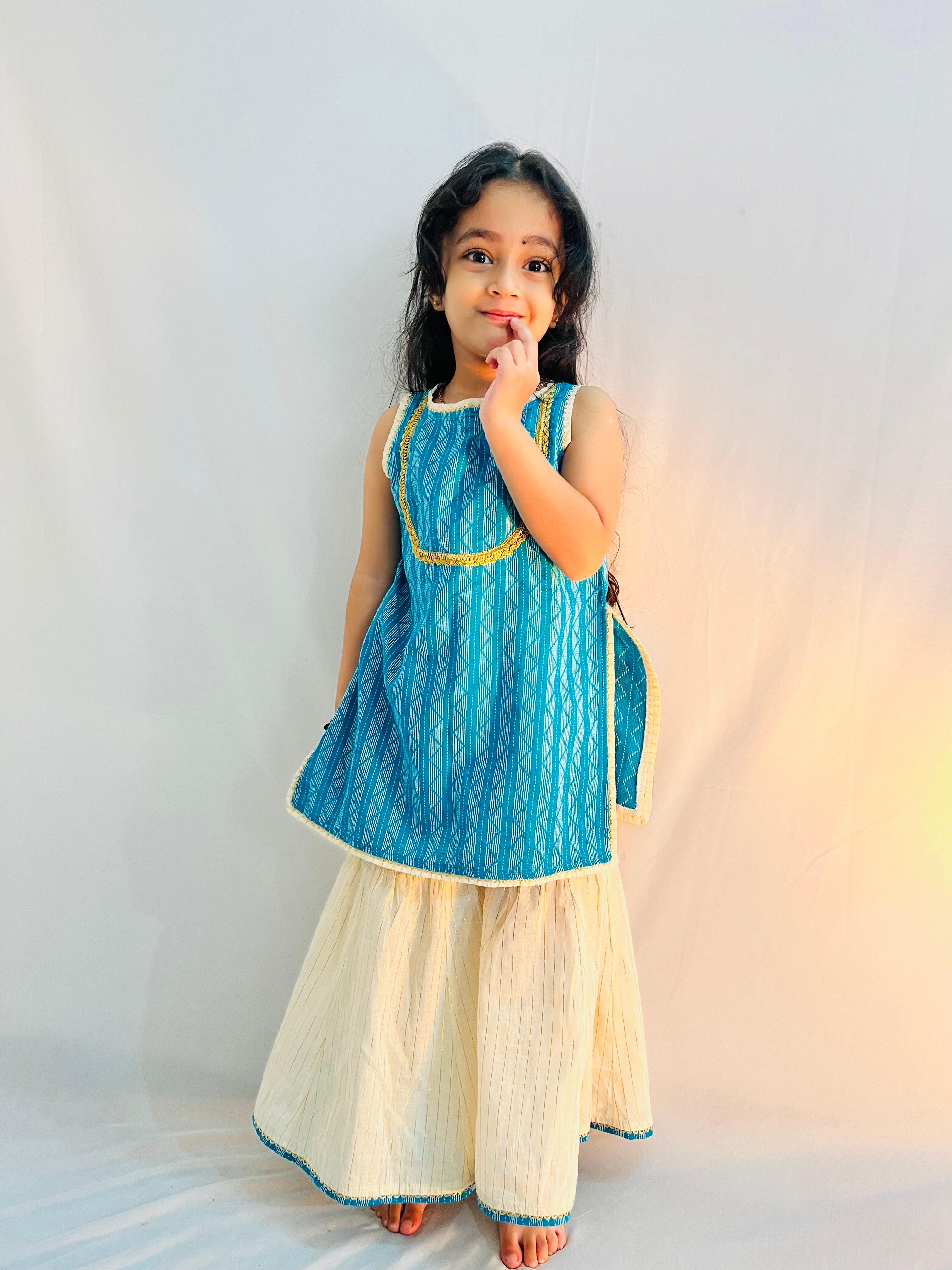 Kids Girls Sky Blue Handloom straight  kurta  N Sharara Set Festive Wear