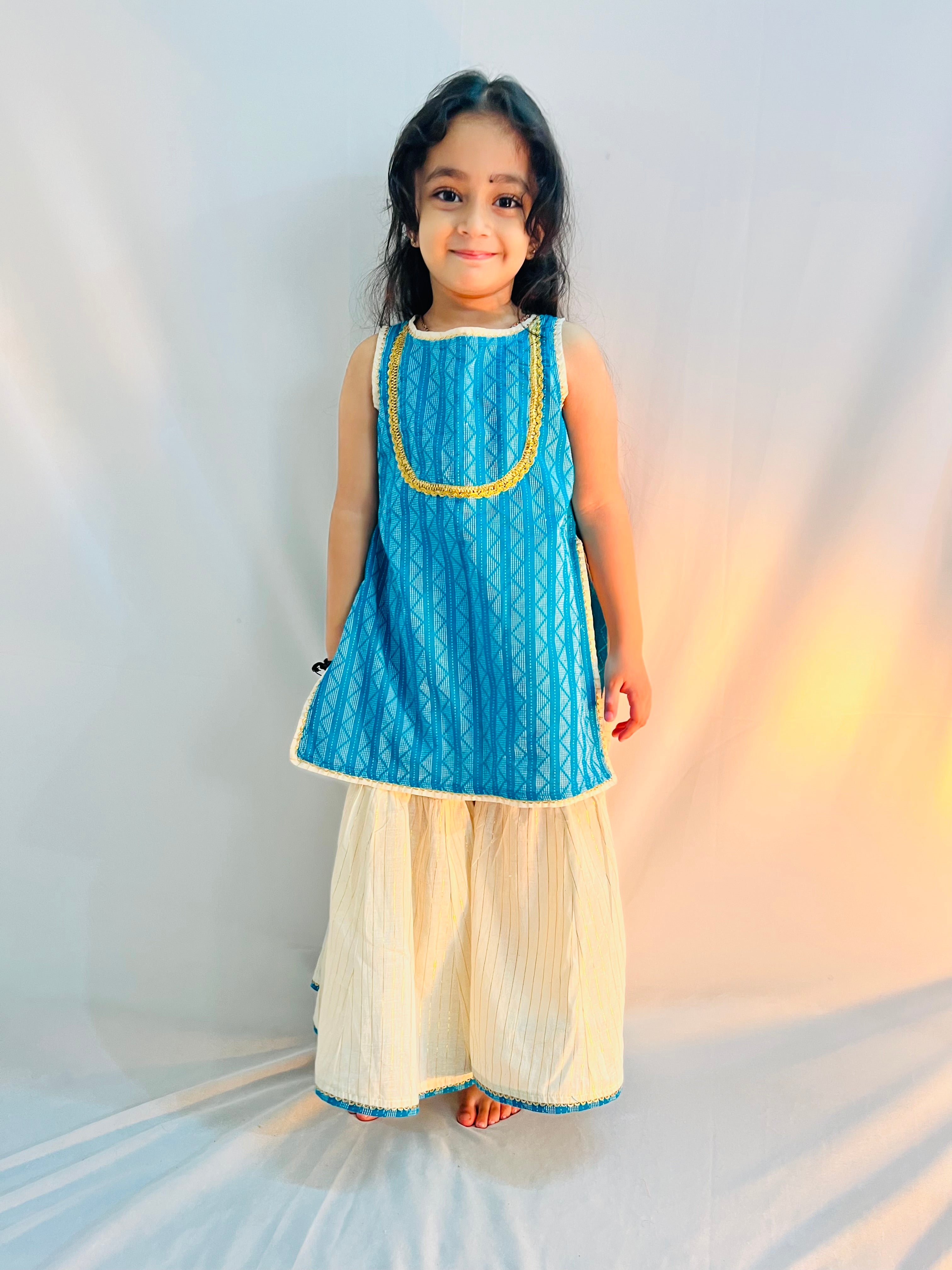 Kids Girls Sky Blue Handloom straight  kurta  N Sharara Set Festive Wear