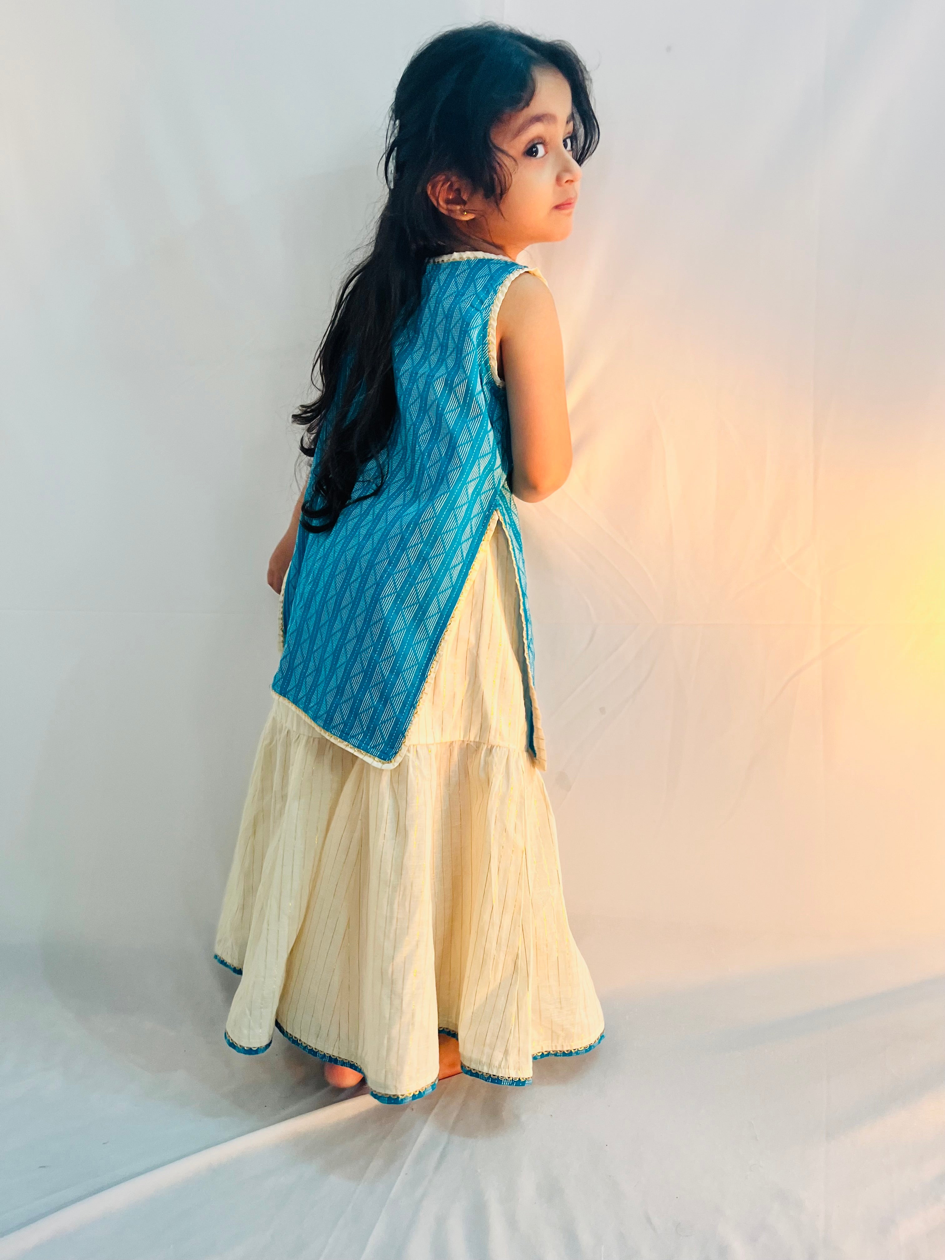 Kids Girls Sky Blue Handloom straight  kurta  N Sharara Set Festive Wear