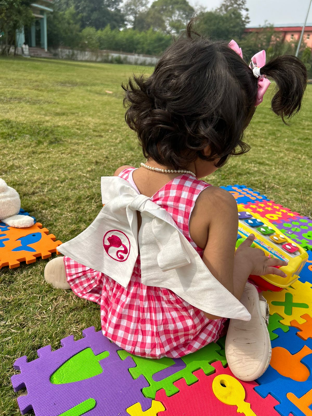 100% Cotton Sleeveless Checked embroidery Frock - Pink