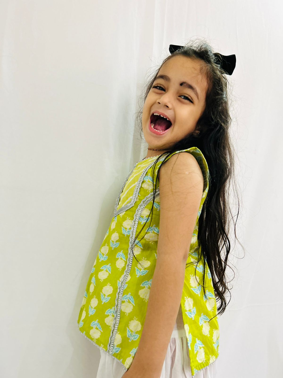 Girls Sleeveless Jaipur print Festive cotton Kurta With Pure cotton  Dhoti - Lime green & White