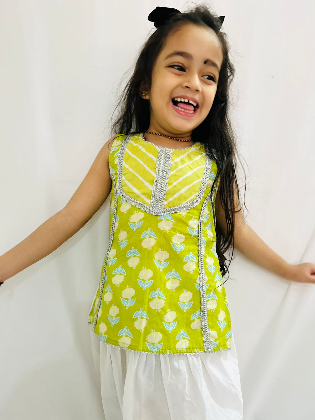 Girls Sleeveless Jaipur print Festive cotton Kurta With Pure cotton  Dhoti - Lime green & White