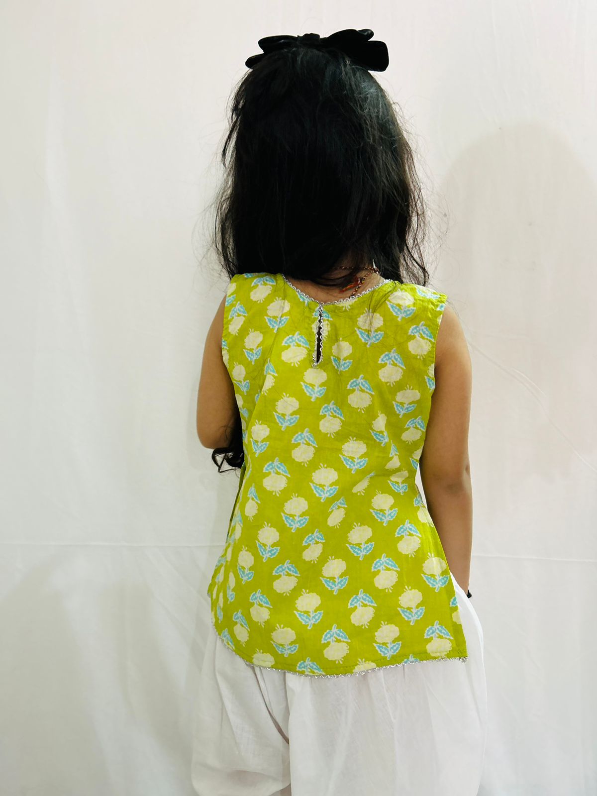 Girls Sleeveless Jaipur print Festive cotton Kurta With Pure cotton  Dhoti - Lime green & White