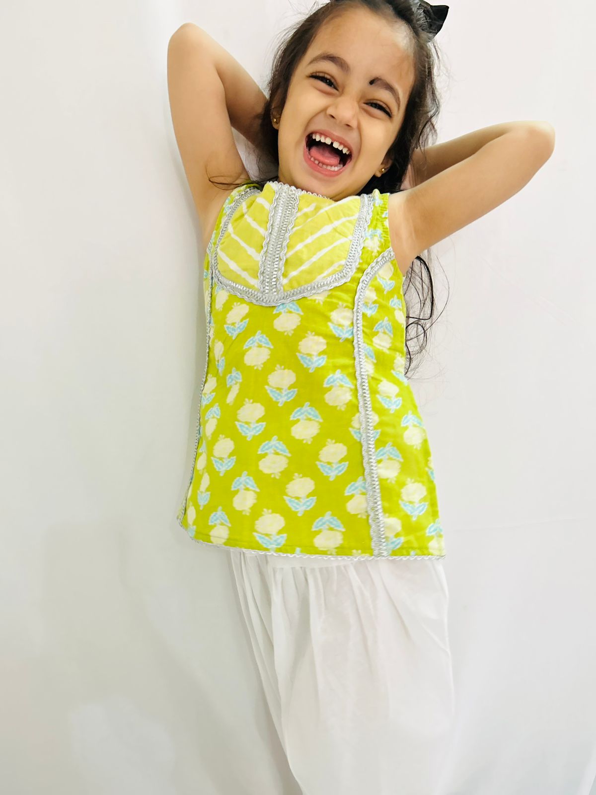 Girls Sleeveless Jaipur print Festive cotton Kurta With Pure cotton  Dhoti - Lime green & White