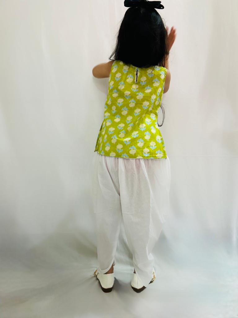 Girls Sleeveless Jaipur print Festive cotton Kurta With Pure cotton  Dhoti - Lime green & White